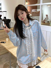 Lunivop Bow Print Plaid Shirts Women Casual Sweet Lace Shawl Long Sleeve Blouse Korean Fashion Loose Preppy Style Cute Chic Tops