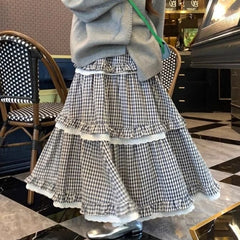 Lunivop Deeptown Kawaii Harajuku Plaid Skirt Women Preppy Style Sweet Long Skirts Retro Lace Patchwork A-line Ruffle Skirts Streetwear