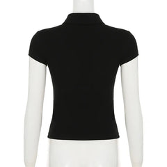 Lunivop Korean Style Turn-down Collar Crop Tops For Women 2025 Summer Slim White T Shirts Woman Buttons Tees Short Sleeve Tshirt Mujer