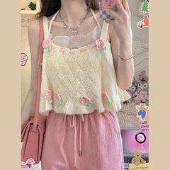 Lunivop New Japanese Summer Lolita Spliced Screw Thread Solid Color Slim Fashion Minimalist Casual Knitted Sleeveless Camissole Top