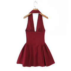Lunivop Sexy Dark Red Pleated Ruched Halter Dress Women Deep V neck Slim Low Waist Swing Ball Gown Short Dresses Robe Vestidos