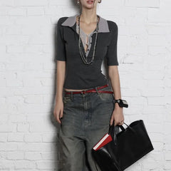 Lunivop American Retro Fake Two Piece Patchwork Blouses 2025 Summer Lapel Neck Shirts Women Y2k Slim Fit Short Sleeve Blusas Mujer