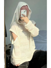 Lunivop Rabbit Ears Hooded Knitted Pullover Women Autumn Holllow Out Loose Sheer Detachable Sleeves Sweater Gothic Y2k Tops Ins