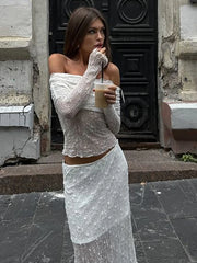 Lunivop Sexy Off Shoulder See Through Lace Women Skirt Suit Long Sleeve T-shirt Print Skirt Autumn Skinny Elegant Two Piece Sets
