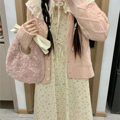 Lunivop Fairycore Pink Y2k Hand Bag Women Harajuku Aesthetic Bow Plush Chic Shoulder Bags Female Hot Girls Handbag Messenger Bag