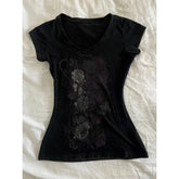 Lunivop Women Grunge T-shirts Summer Bottoming Crop Tops Vintage Slim Harajuku Causal Black Tshirts Y2k Aesthetic Flower Printing