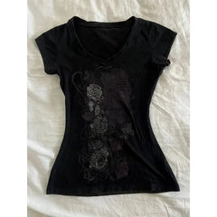 Lunivop Women Grunge T-shirts Summer Bottoming Crop Tops Vintage Slim Harajuku Causal Black Tshirts Y2k Aesthetic Flower Printing