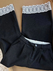 Lunivop Fall Winter Korean Style Lace Trim Casual Pants Women Loose High Waist Wide Leg Pants Thick Warm Straight Fit Long Trousers