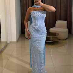 Lunivop Lilac Evening Dress Strapless Corset Lace Applique Straight Evening Gowns with Scarf Elegant Long Formal Party Gown