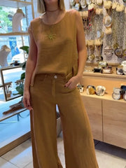 Lunivop Summer Fashion New Women's Commuting Style Cotton and Hemp Two Piece Set Round Neck Sleeveless Top Wide Leg Pants Set