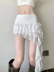 Lunivop Ruffles Sexy Mesh Y2K Skirts Women Slim Streetwear Vintage High Waist Mini Skirt Harajuku Retro Irregular Design Skirt New