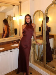 Lunivop Elegant Brown Satin Halter Lace Up Long Dress Sexy Off Shoulder Backless Sleeveless Bodycon Dresses Autumn New Lady Party Robe