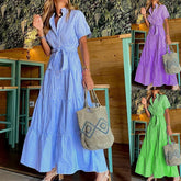 Lunivop Women Summer Shirt Style Long Dress Retro Short Sleeve Single Breasted Sashes Striped Elegant Women's Long Streetwear