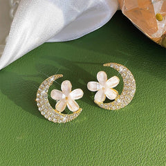 Lunivop Korean Trendy Cute Bling Zircon Moon Flower Earrings for Women Elegant Niche Design Party Jewelry Girlfriend Gifts