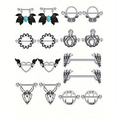 2pcs Halloween Elements Nipple Ring Nipple Piercing Jewellery Skeleton Hand Spider Heart Bat Wings Tight Spell Teeth Octopus