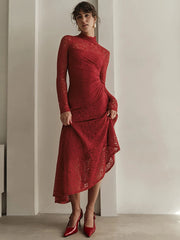 Lunivop Elegant Turtleneck Lace Two Piece Sets Women Long Dress See Through Long Sleeve Dress Female Winter Skinny Party Outfit