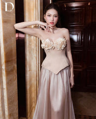 Lunivop Pretty Satin Strapless Sweetheart Florals Appliques Evening Dress Women Long Elegant Wedding Party Prom Cocktail Dress Gowns