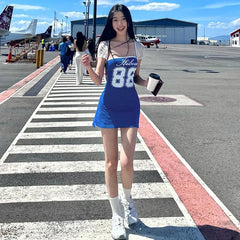 Lunivop Letter Print Strapless Short Dress Mesh Short Sleeve Gown Women'S Sets Summer Casual Y2K Streetwear Fashion 2024 Clothes