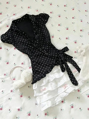 Lunivop Vintage Y2K Sweet 2 Piece Set Women Slim Fit Polka Dot Lapel Waist Cinched Top + White Lace Trim Mini Skirt Fashion Chic Outfit