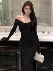 Lunivop Sexy Women's Shoulder Evening Party Dresses Elegant Long Sleeve Bodycon Lady Solid Maxi Dress French Floral Vestidos Robe