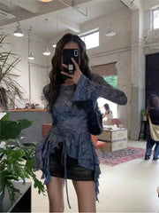 Lunivop Retro Print Slim Fit Long Sleeved T-shirt Top Drawstring Lace Up Slim Waist Blouses 2025 New Bottoming All-match Tee Shirt