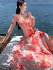 Lunivop Women Sweet Pink Floral Elegant Sleeveless Ruffled Edges Slip Dresses Summer Romantic Bohemian Sexy Birthday Evening Party Dress