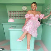 Lunivop Garden Pink Illusion Off The Shoulder Florals Dresses Women Handmade Flower Tulle Bridal Dress Midi Length Party Dresses