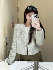 Lunivop Sweet Women Slim Elegant Jacket Vintage Long Sleeve O Neck Fall Short Coat Korean Small Fragrance Single Breasted Lady Tops