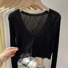 Lunivop Lightweight Sunscreen Shirt Women Crop Tops One Button Hollow Out Knit White Long Sleeve Cardigan Elegant Casual Shawl Coat