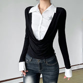 Lunivop Korean Fashion False Two-piece Casual Blouses Woman Preppy Style Lapel Street Shirts Slim Fit Long Sleeves Female Tops