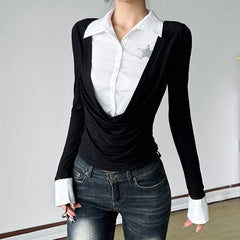 Lunivop Korean Fashion False Two-piece Casual Blouses Woman Preppy Style Lapel Street Shirts Slim Fit Long Sleeves Female Tops