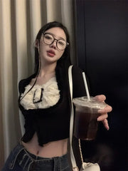 Lunivop Patchwork Square Collar Long Sleeve Tees Slim High Waist Contrast Color Tshirt Hotsweet Crop Top Skinny Women Y2k Camisetas