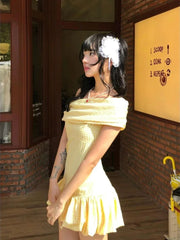 Lunivop Sweet Elegant Bodycon Mini Dresses Women Off Shoulder Korean Style Butter Yellow Plaid Ruffles Dresses Y2k Harajuku