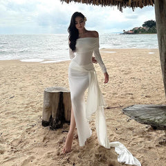 Lunivop Solid Off The Shoulder Long Sleeve Slit Ruched Tassel Women'S Dresses New Autumn Elegant Evening Fashion Clothing