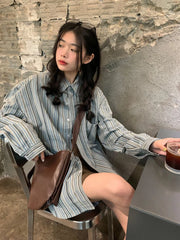 Lunivop Striped Loose Retro Shirts Women Casual Preppy Style Long Sleeve Blouse Vintage Female Pockets All Match Spring Korean Tops