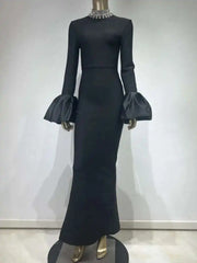 Lunivop Woemn's Evening Dress Diamonds Collar Flare Long Sleeve High Waist Sliming Elegant Party Dress 2025 New Clothing