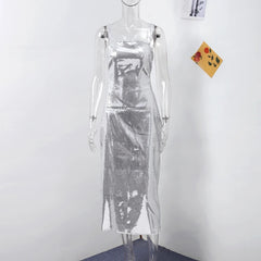 Lunivop Sexy Sling Backless Silvery Maxi Dress For Women Fashion High Waist Bodycon Sleeveless Robes Female Evening Party Vestidos