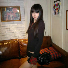 Lunivop Y2k Vintage T Shirt Women Pathwork Long Sleeve Skinny Plaid Grunge Tops Streetwear American Retro 90s Tshirts Autumn