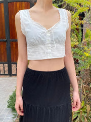 Lunivop White Lace Trim Slim Tank Tops Women New Lace-up V-neck Single Breasted Sleeveless Crop Top Sweet Simple Basic Cropped Vest Y2K