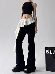 Lunivop Lace Patchwork Lace Up Pants for Women New Slim Fit Fake Two Piece Flare Pants Y2k High Waist Black Straight Trousers