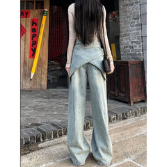 Lunivop Women's Blue Baggy Y2k Jeans Vintage 90s Aesthetic Patchwork Cowboy Pants Harajuku Denim Trouser Streetwear 2000s Trashy Clothes