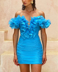 Lunivop Off Shoulders Mini Prom Party Dress Blue Pleated Tulle Short Mermaid Cocktail Gowns Pretty Ruffles Homecoming Dresses