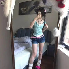 Lunivop Sweet All-match Fake Two Piece T-shirt for Women 2025 Summer New Tops Mujer Y2k E-Girl Slim Waist Short Sleeve Tee Shirt