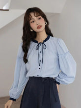 Lunivop Sweet Retro Blue Blouse Women Elegant Long Sleeve Japan Shirt Fall Loose Preppy Style Ruffles Lace Up Vintage Lady Tops New