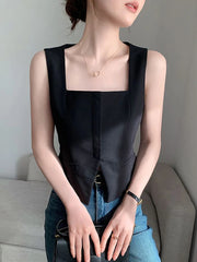 Lunivop Sexy Slit Slim Tanks Women Fashion Cropped Korean Black Tops Casual Elegant Design Square Collar Female Chic Short Tanks