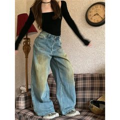 Lunivop High Waist Blue Women's Jeans Vintage Streetwear American Style 90s Y2K Wide Leg Design Sense Trouser Classic Baggy Denim Pants