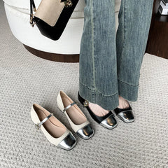 Lunivop Women's Silver Mary Jane Shoes Temperament Lightweight Single Shoes New Spring Summer Fashion Flower Buckle Leather Shoes