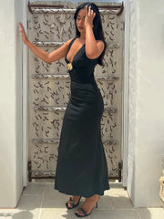 Lunivop Sexy Deep V-neck Metal Button Women Maxi Dress Black Sleeveless High Waist Dress Female Summer Skinny Elegant Beachwear