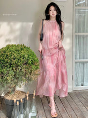 Lunivop Pink Tie Dye Beach Long Dress Women Elegant Casual Sleeveless Sweet Tanks Dress Casual Vintage Summer Lady Loose Long Dress