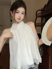 Lunivop 3D Floral White Mesh Tanks Women Loose Elegant Sweet Halter Tanks Casual Fashion Female Summer Korean Sleeveless Chic Tops